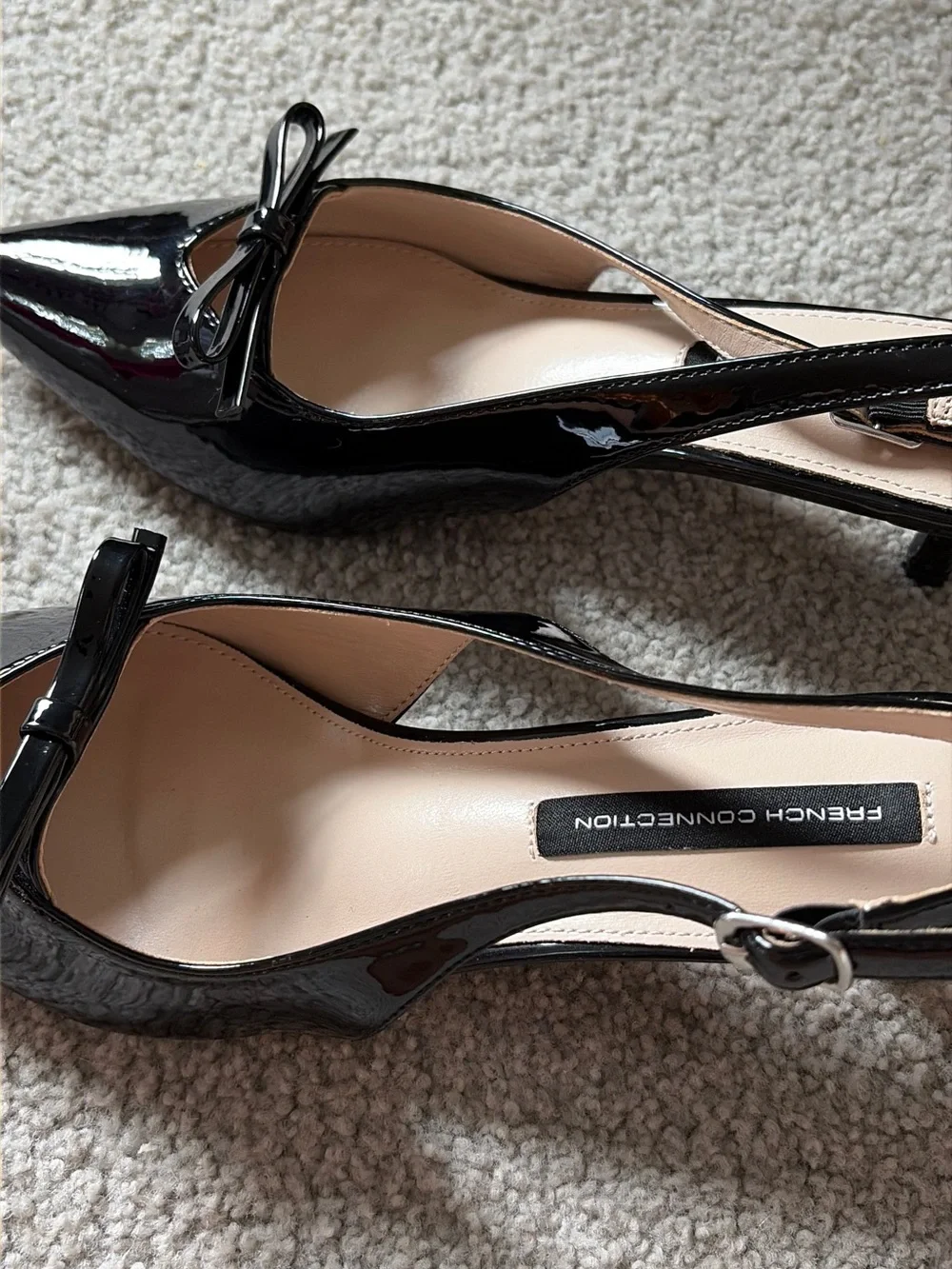 French Connection Black Patent Pointed Toe Slingback Pumps with Bow